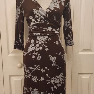 Jodi Kristopher Floral Wrap Dress with 3/4 Sleeves Brown Ans Gray/blue Sz Sm